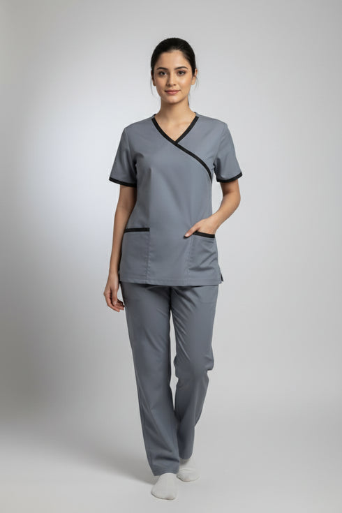 Women's 2-Pocket Mock Wrap Scrub with Contrast-Cotton-Polyester Blend